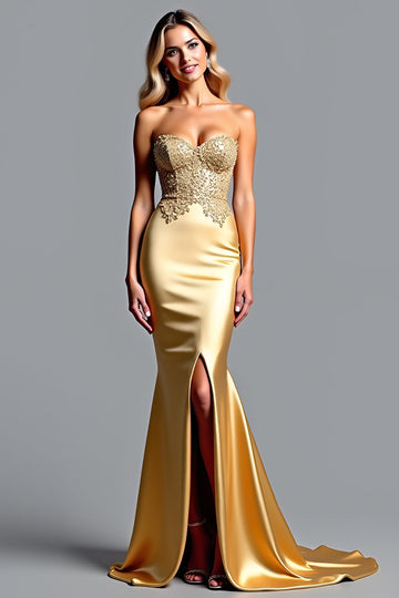 Robe de bal sirène dorée avec fente